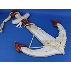 Wooden Rustic Red/White Anchor w/ Hook Rope and Shells 24"