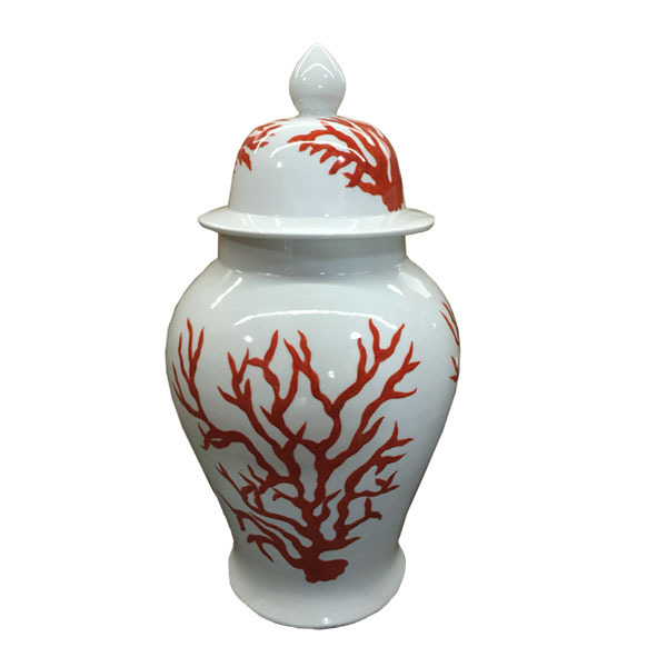 WHITE TEMPLE JAR WITH RED CORAL