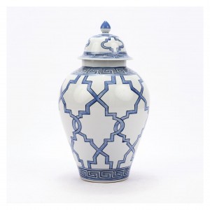 Blue & White Greek Key Porcelain Jar
